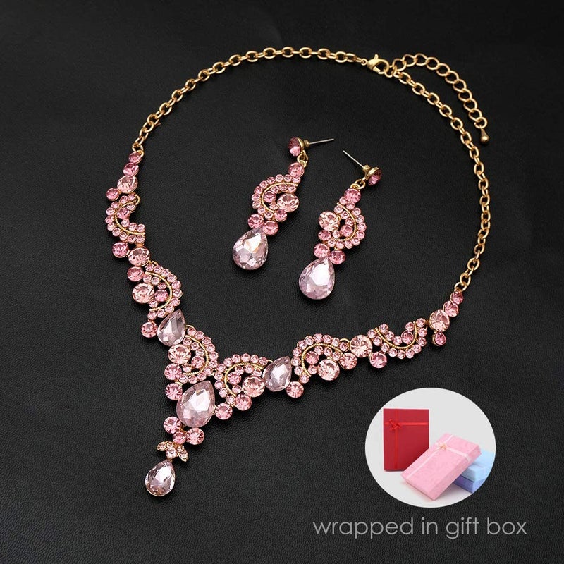 CSY 4 Pcs/Sets Elegant Crystal Necklace Earrings Bracelet Ring Bridal Wedding Costume Jewelry Sets for Brides Women Gifts (Gold Plated-Pink) - Image 3